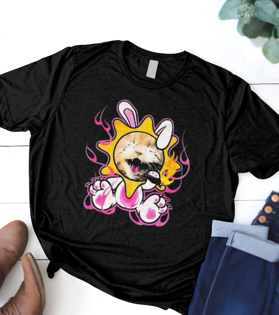 Praiseche Cat Sunburst Bunny Ears Pink Flames T-Shirt