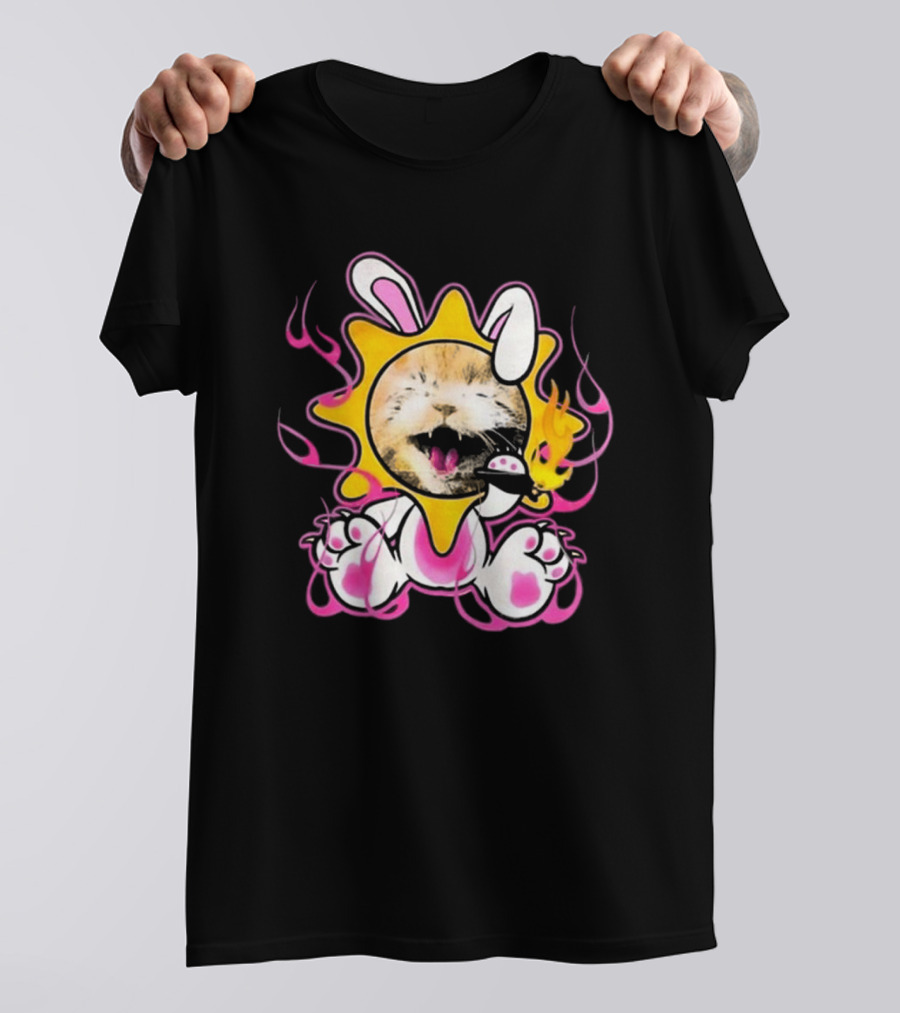 Praiseche Cat Sunburst Bunny Ears Pink Flames T-Shirt