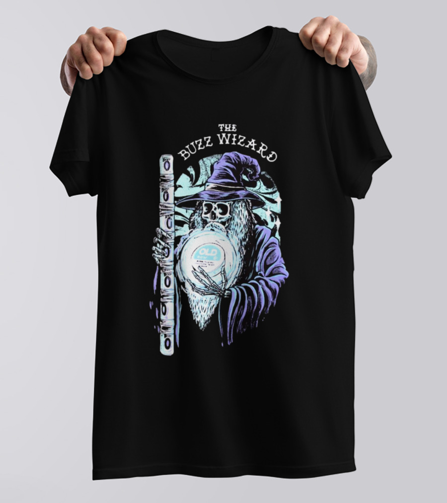 The Buzz Wizard Holding Old Row Branded Magic Orb And Staff T-Shirt