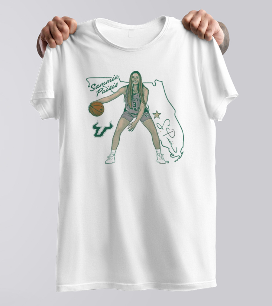 Sammie Puisis South Florida Bulls Basketball Cartoon Signature Florida Map Star T-Shirt