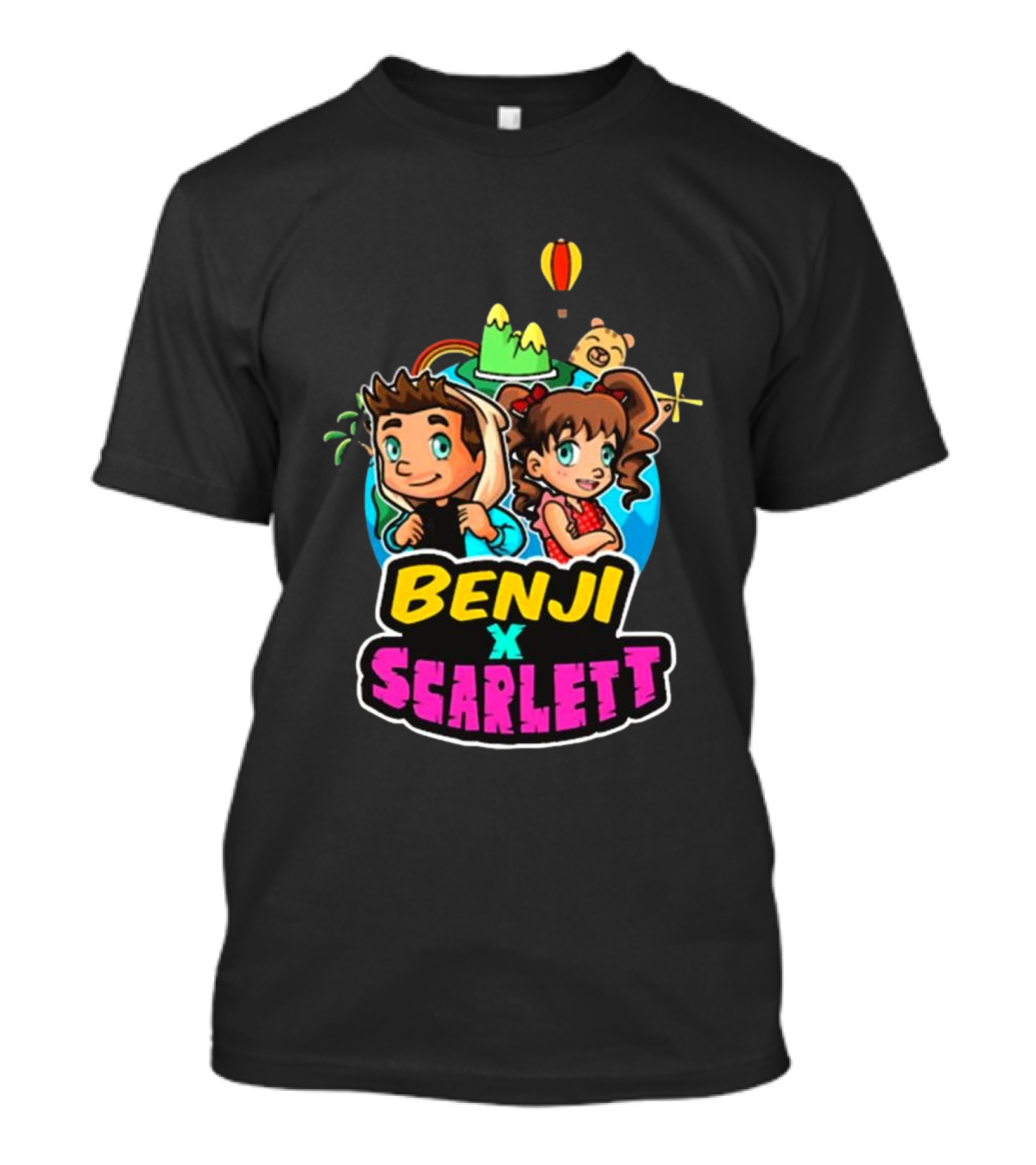 Benji X Scarlett Adventure Cartoon Style Balloon Island Teddy Bear T-Shirt