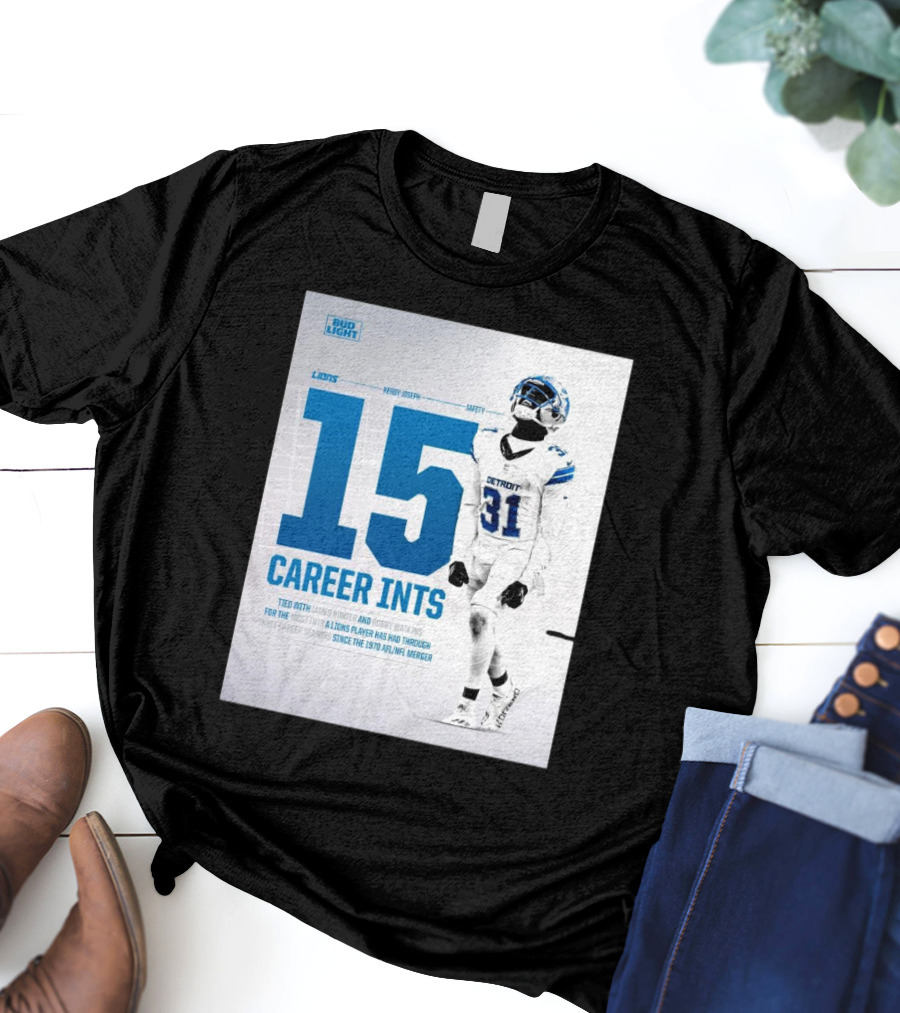 Detroit Lions Kerby Joseph 15 Career INTs Tied With James Hunter And Bobby Watkins Most INTs Since 1970 AFL-NFL Merger T-Shirt