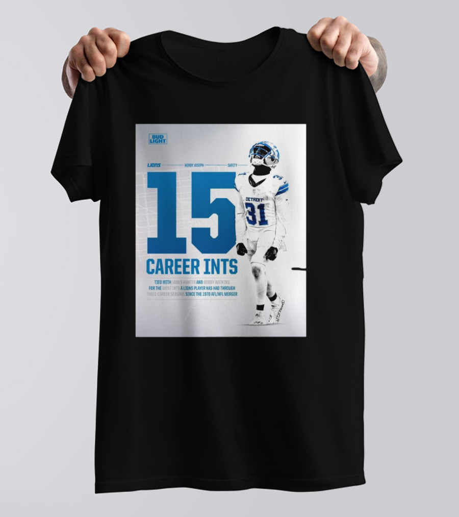 Detroit Lions Kerby Joseph 15 Career INTs Tied With James Hunter And Bobby Watkins Most INTs Since 1970 AFL-NFL Merger T-Shirt