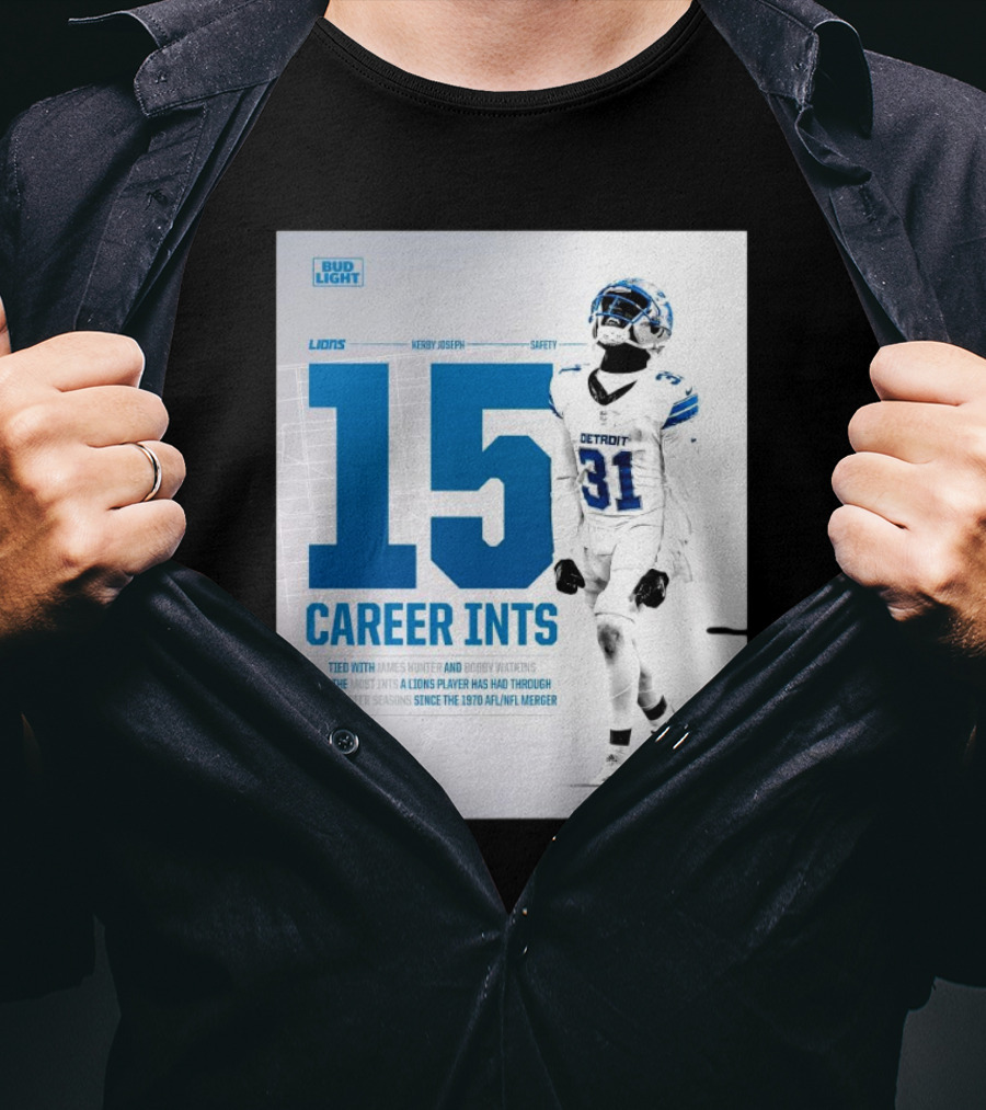 Detroit Lions Kerby Joseph 15 Career INTs Tied With James Hunter And Bobby Watkins Most INTs Since 1970 AFL-NFL Merger T-Shirt