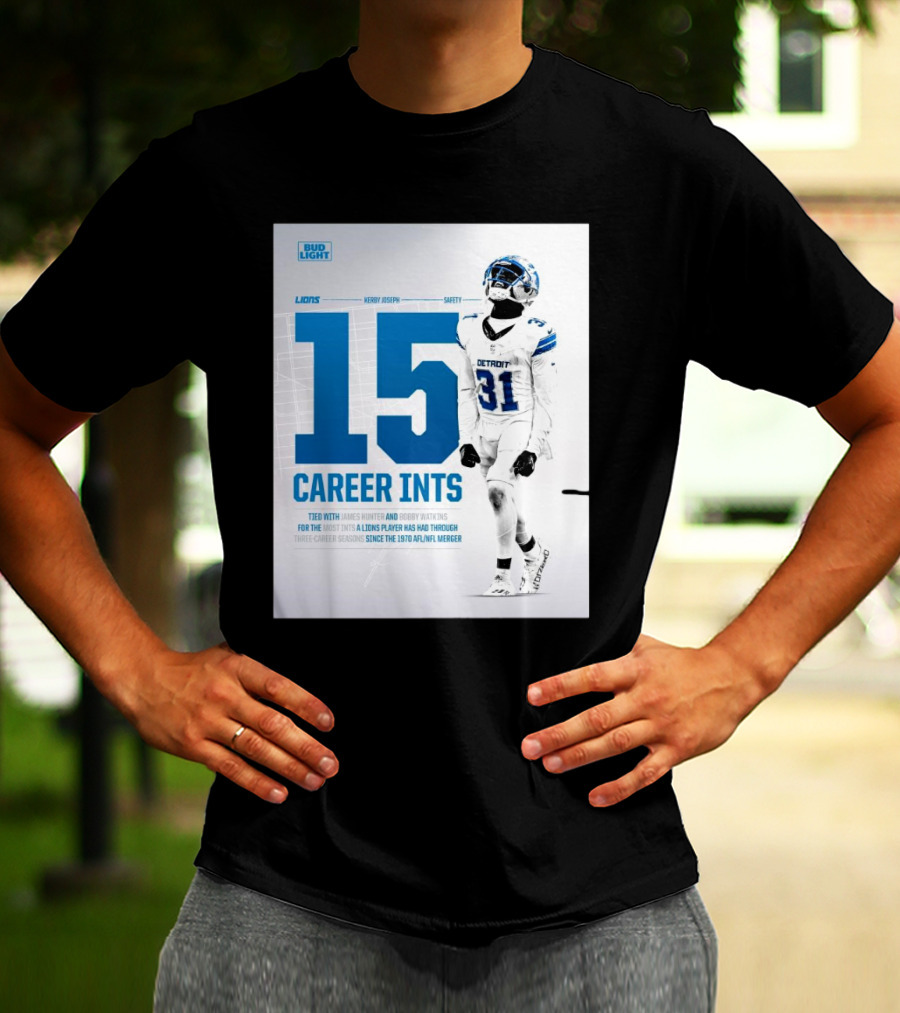 Detroit Lions Kerby Joseph 15 Career INTs Tied With James Hunter And Bobby Watkins Most INTs Since 1970 AFL-NFL Merger T-Shirt