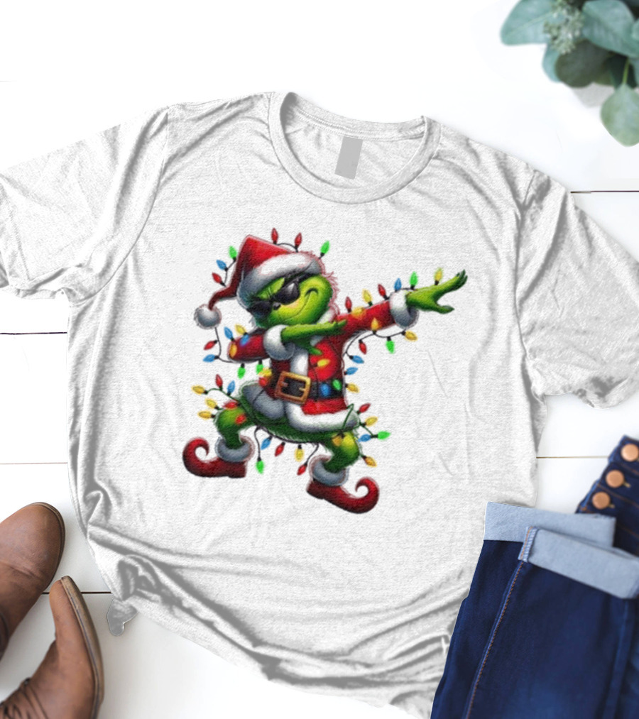 Santa Grinch Dabbing Festive Lights Merry Christmas T-Shirt