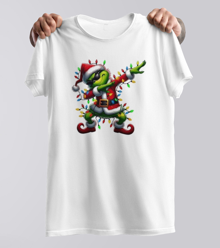 Santa Grinch Dabbing Festive Lights Merry Christmas T-Shirt