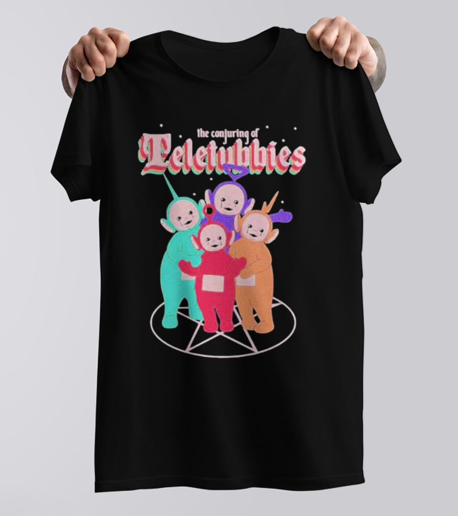 The Conjuring Of Teletubbies On Pentagram Background T-Shirt