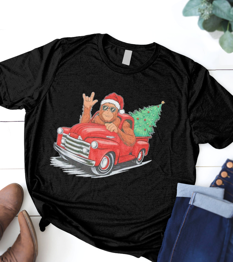 Bigfoot Rock On Santa Hat Christmas Tree Driving Red Truck T-Shirt