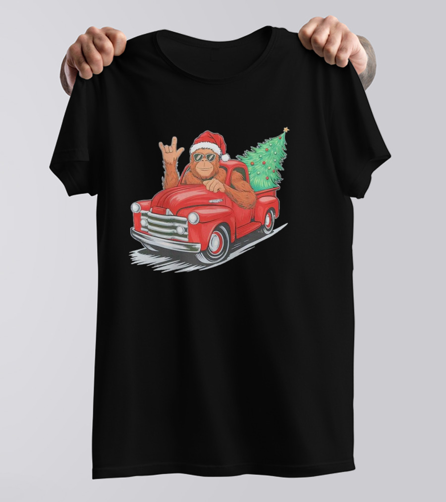Bigfoot Rock On Santa Hat Christmas Tree Driving Red Truck T-Shirt