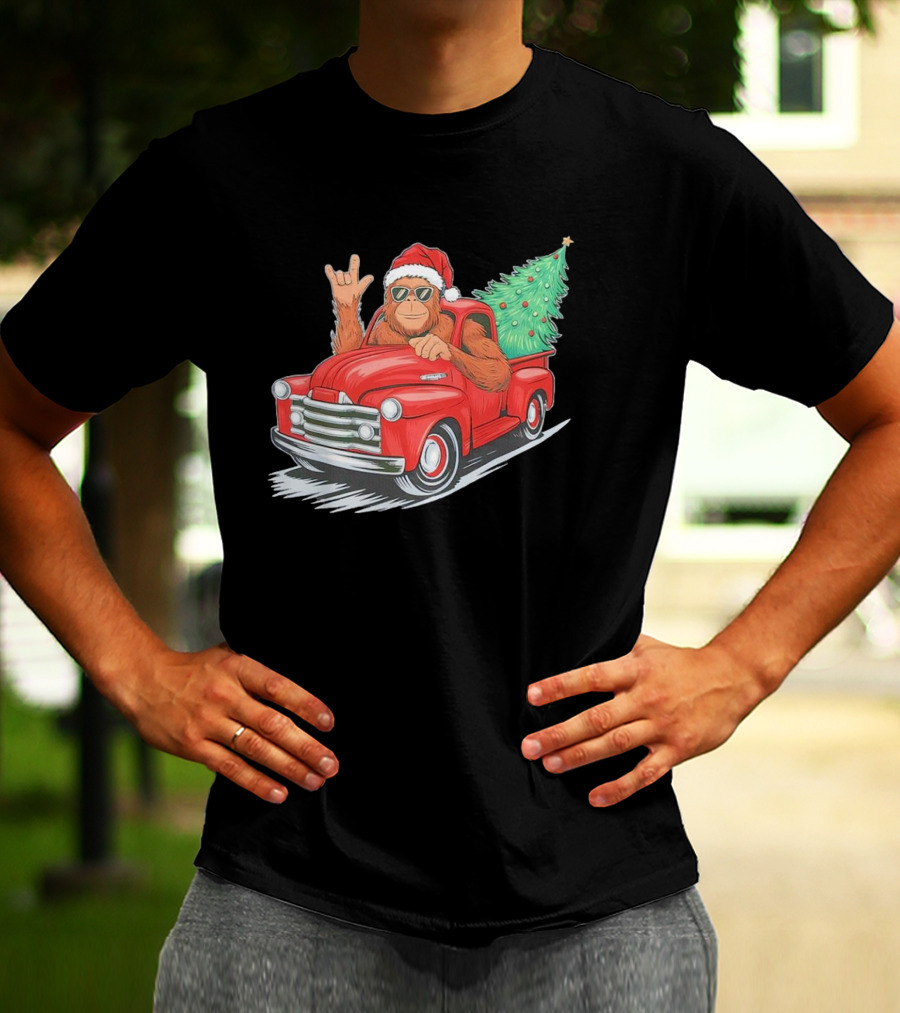 Bigfoot Rock On Santa Hat Christmas Tree Driving Red Truck T-Shirt