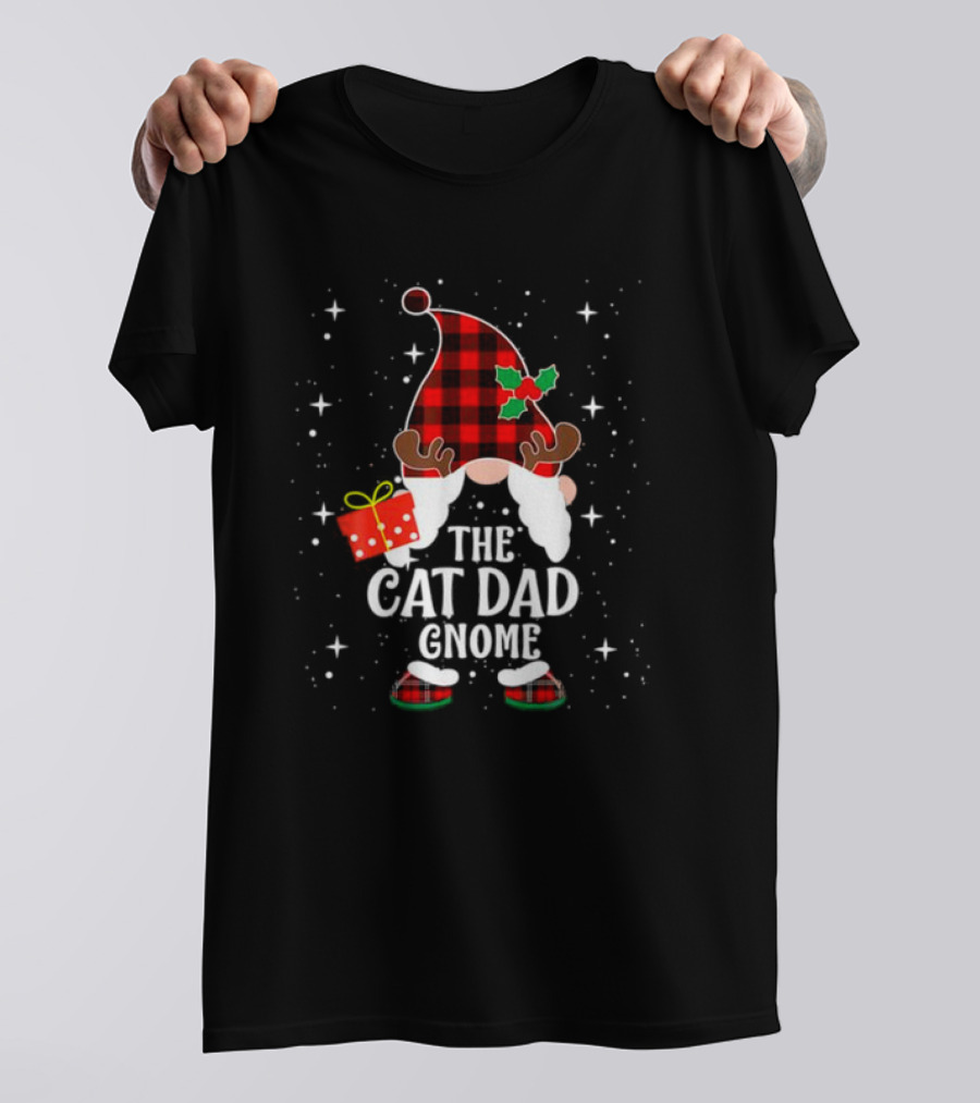 The Cat Dad Gnome Buffalo Plaid Christmas Pajama Matching Family T-Shirt