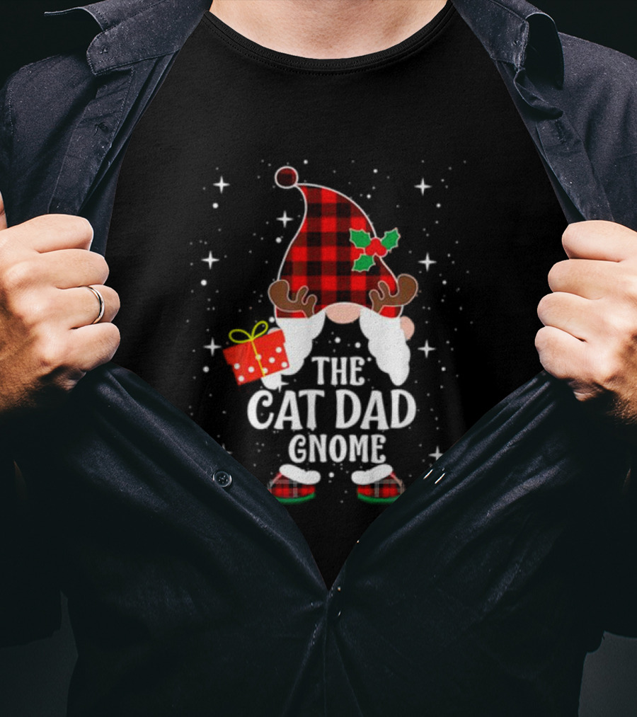 The Cat Dad Gnome Buffalo Plaid Christmas Pajama Matching Family T-Shirt