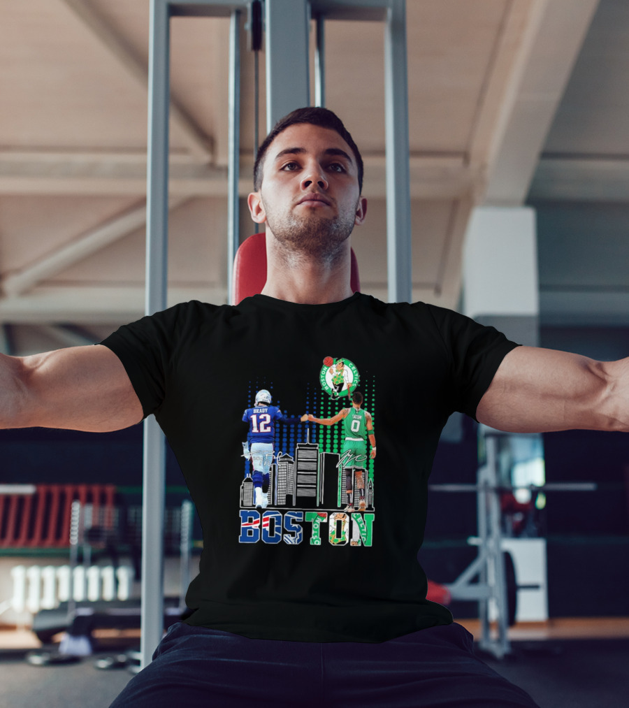 Boston Patriots And Celtics Skyline Featuring Tom Brady And Jayson Tatum Signatures T-Shirt