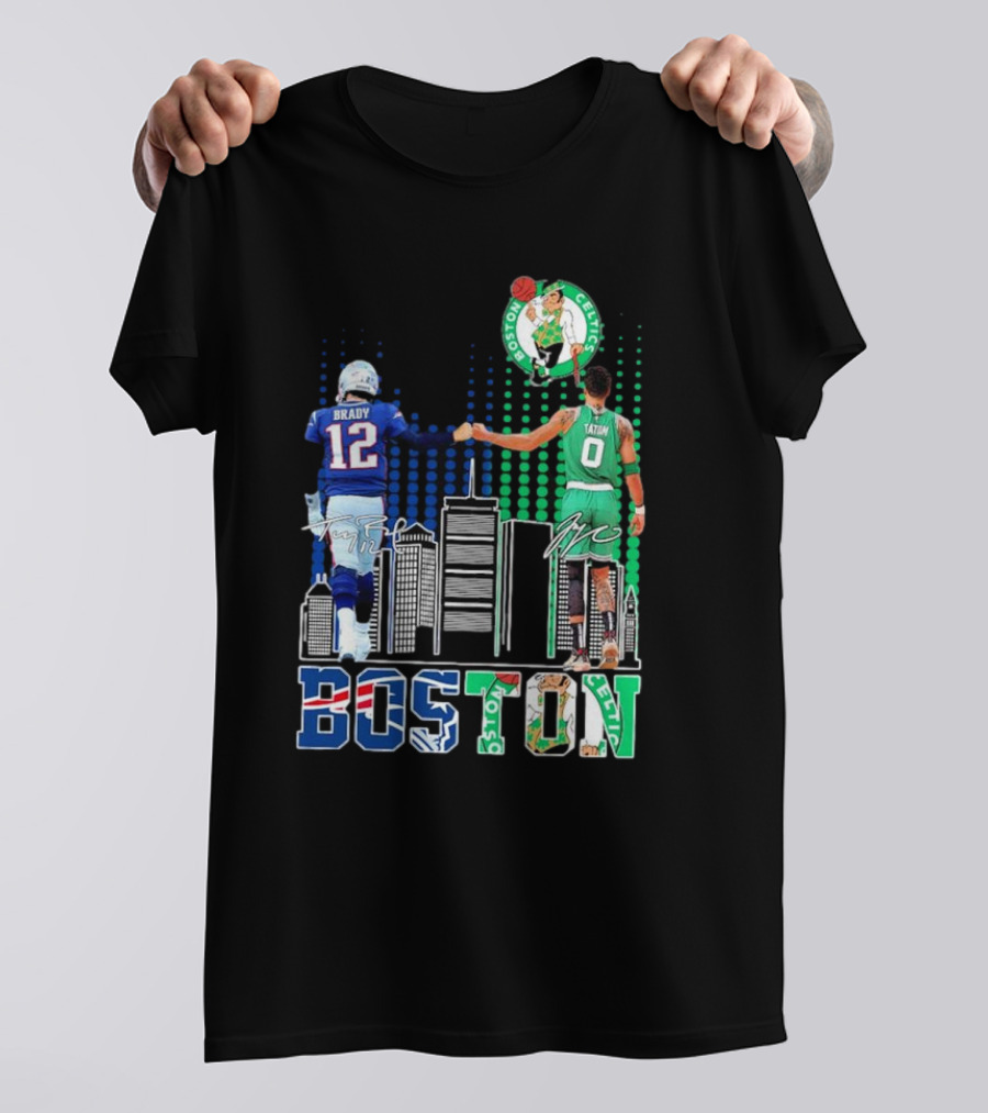 Boston Patriots And Celtics Skyline Featuring Tom Brady And Jayson Tatum Signatures T-Shirt