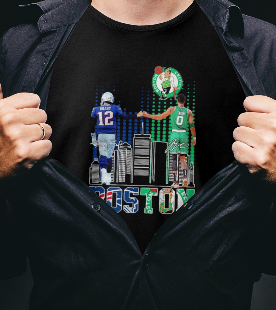 Boston Patriots And Celtics Skyline Featuring Tom Brady And Jayson Tatum Signatures T-Shirt