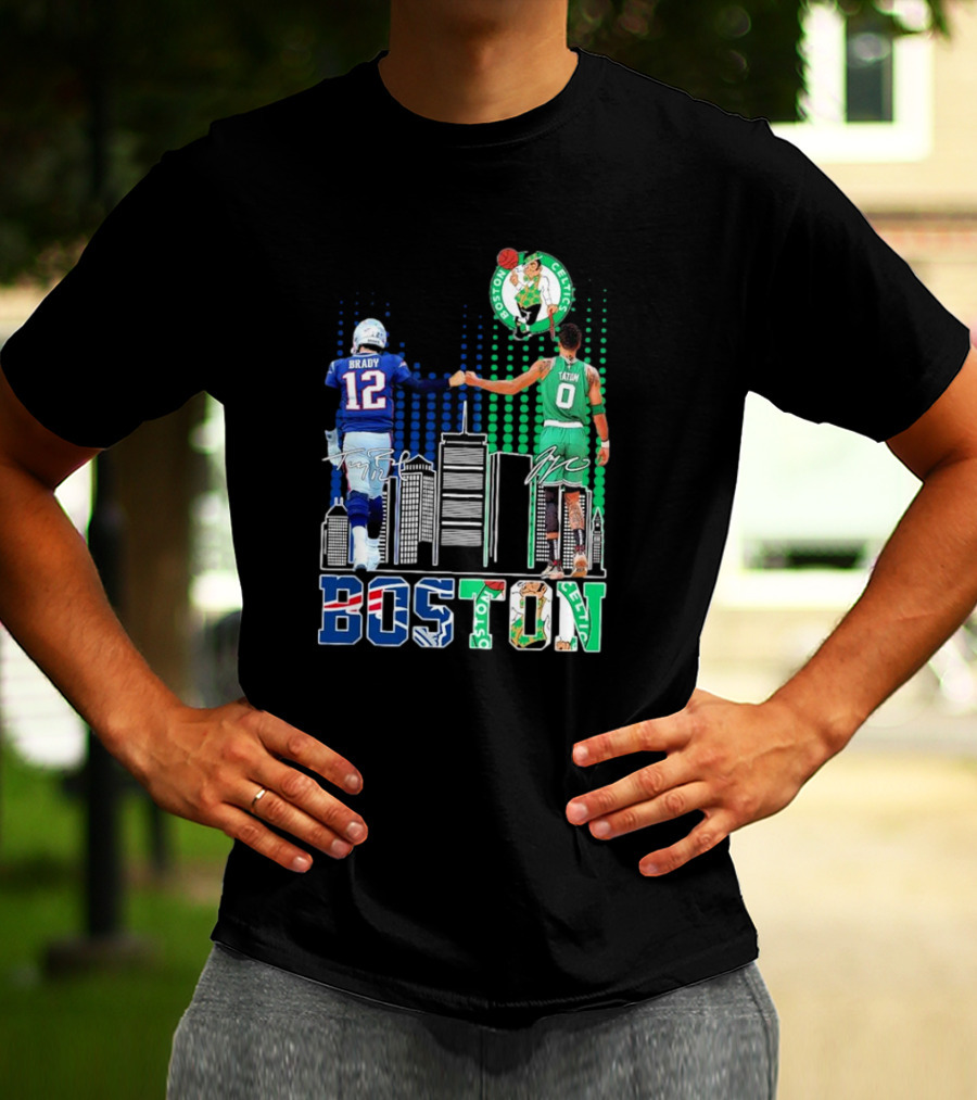 Boston Patriots And Celtics Skyline Featuring Tom Brady And Jayson Tatum Signatures T-Shirt