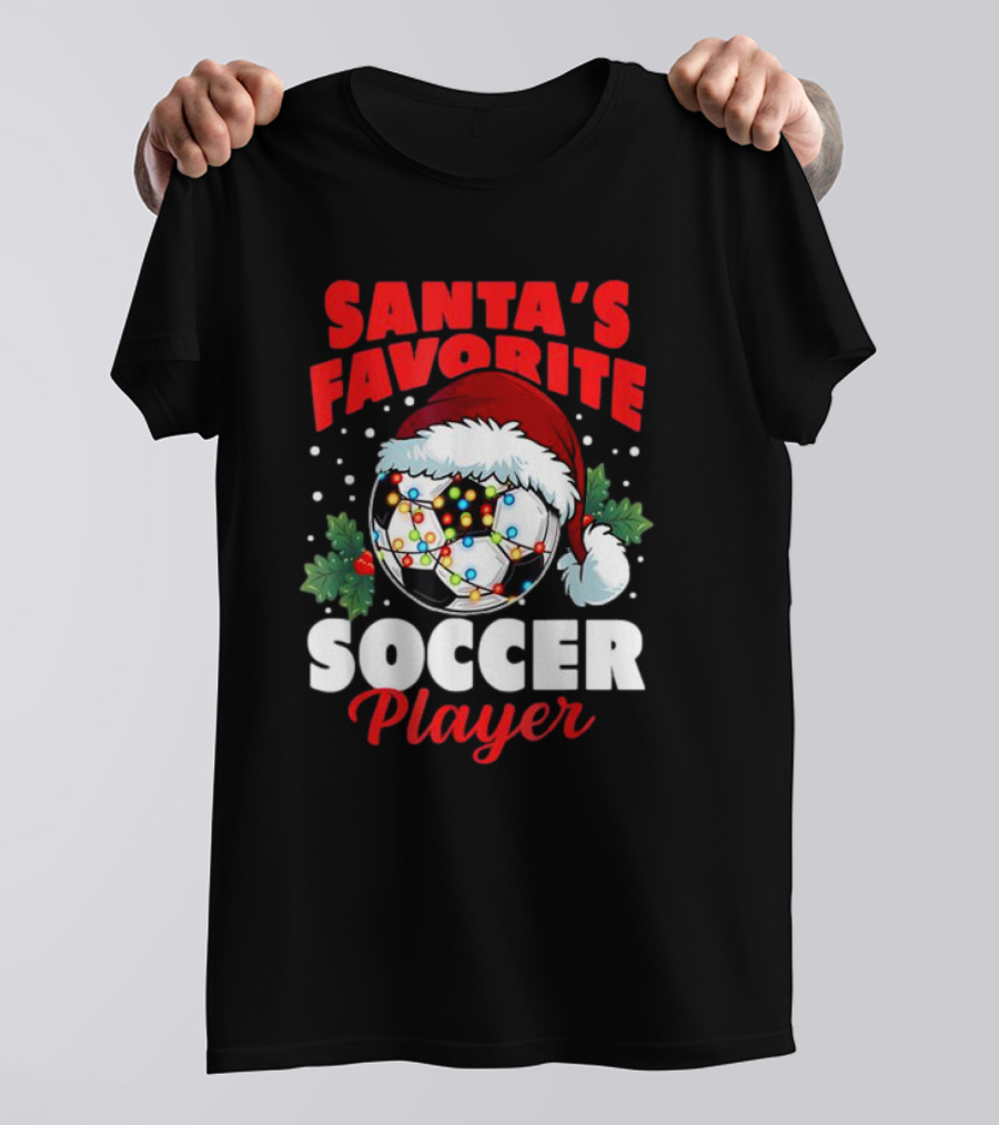 Santa's Favorite Soccer Player Christmas Pajama Xmas Soccer Ball And Santa Hat T-Shirt