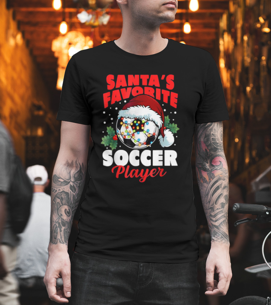 Santa's Favorite Soccer Player Christmas Pajama Xmas Soccer Ball And Santa Hat T-Shirt