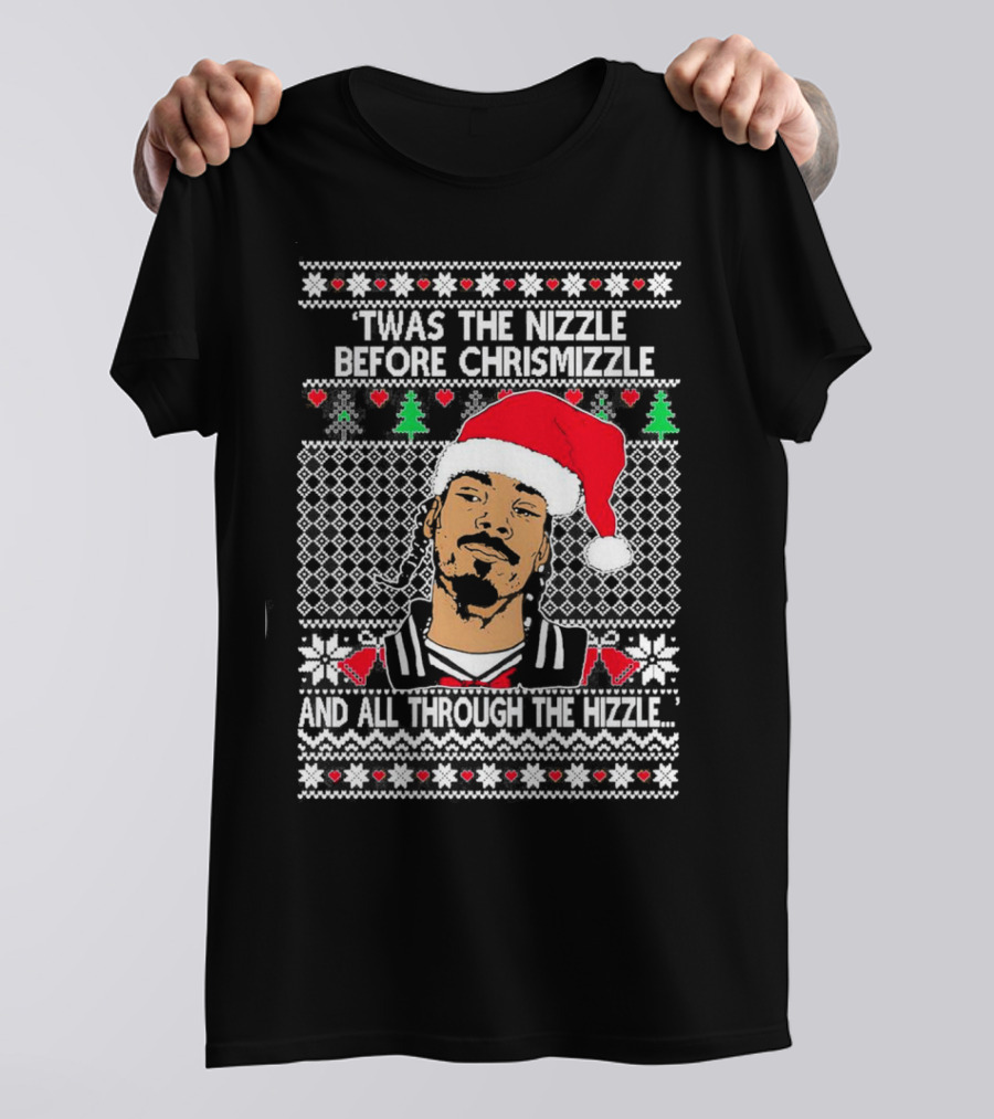 Snoop Dogg Twas The Nizzle Before Chrismizzle Santa Hat Pattern Christmas T-Shirt