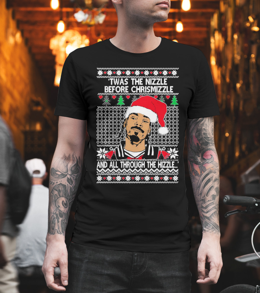Snoop Dogg Twas The Nizzle Before Chrismizzle Santa Hat Pattern Christmas T-Shirt