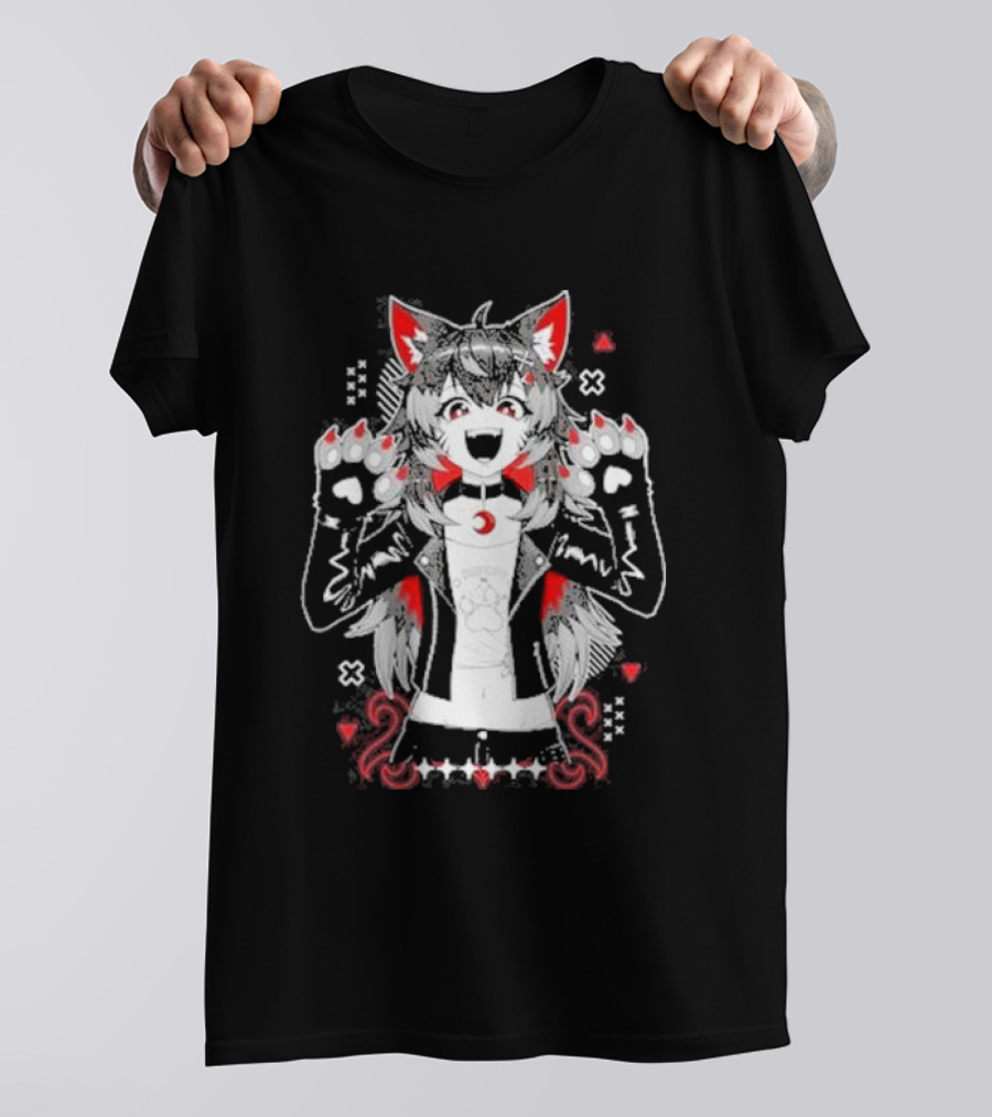 Kiba Nanobites Paws Up Anime Wolf Character With Red And White Details T-Shirt