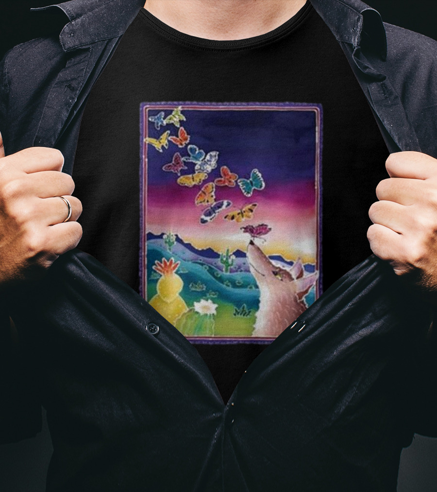 Jimmorris Smiles At Nature’s Wonders Colorful Desert Landscape With Coyote And Butterflies T-Shirt