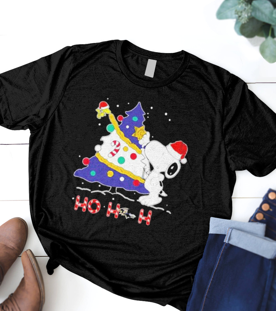 Ho Ho Ho Snoopy Woodstock Christmas Tree Baltimore Ravens T-Shirt