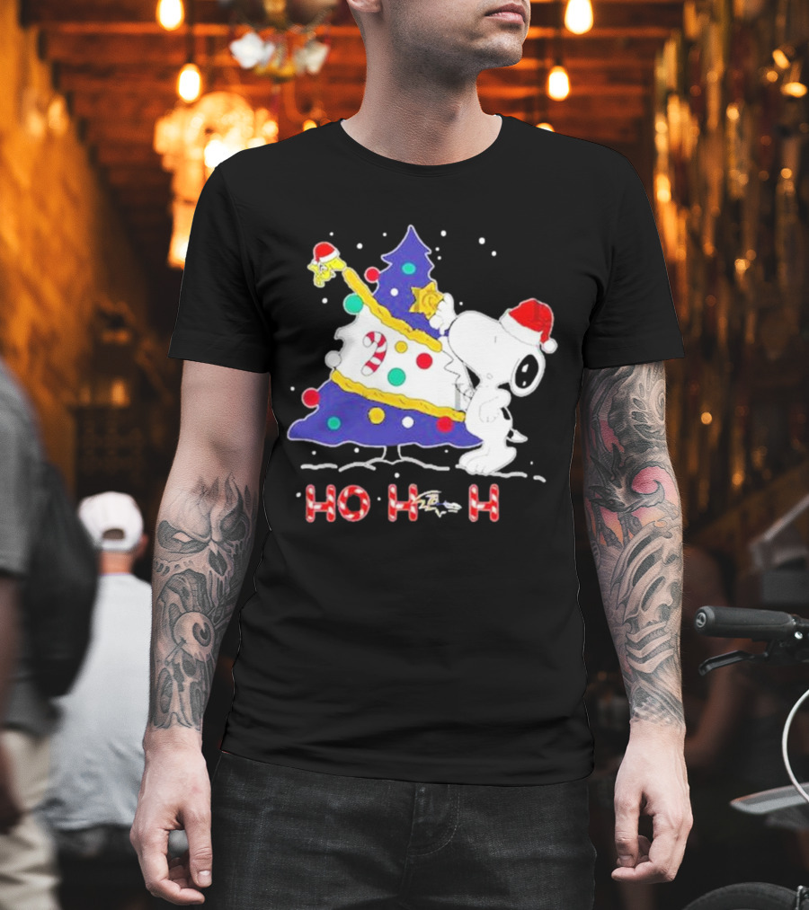 Ho Ho Ho Snoopy Woodstock Christmas Tree Baltimore Ravens T-Shirt