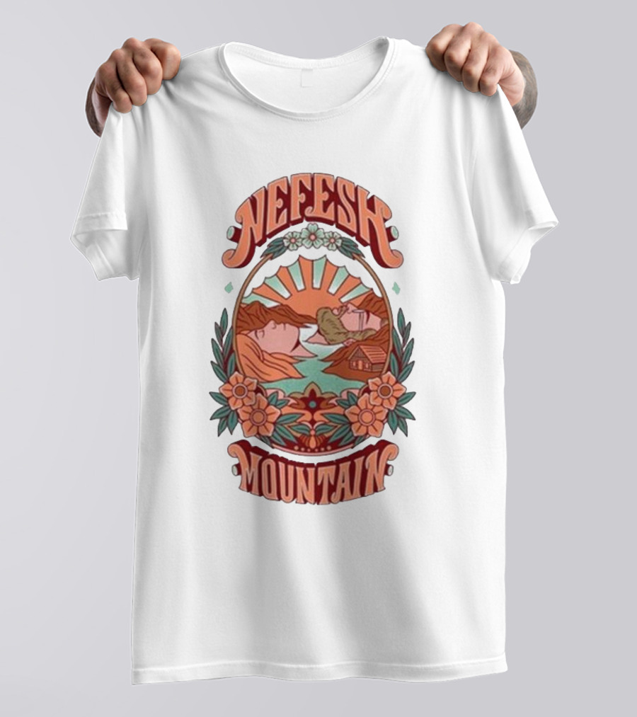 Nefesh Mountain Sunrise Scene With Cabin And Flowers T-Shirt