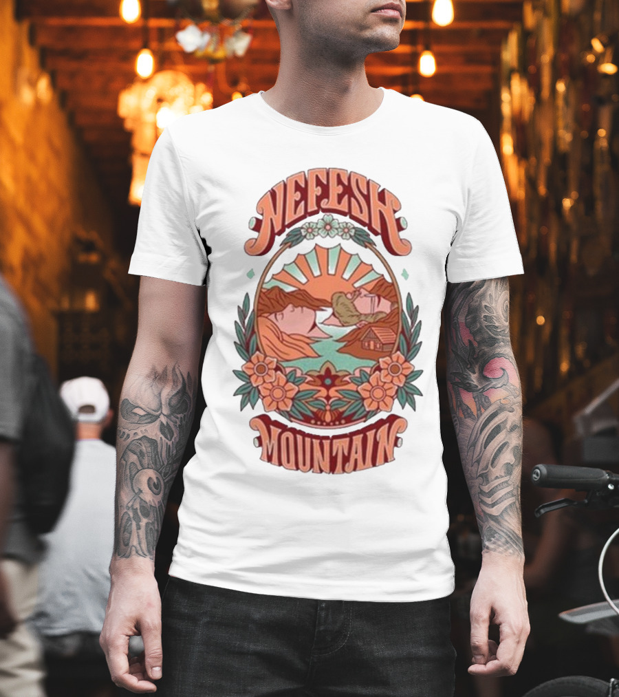 Nefesh Mountain Sunrise Scene With Cabin And Flowers T-Shirt