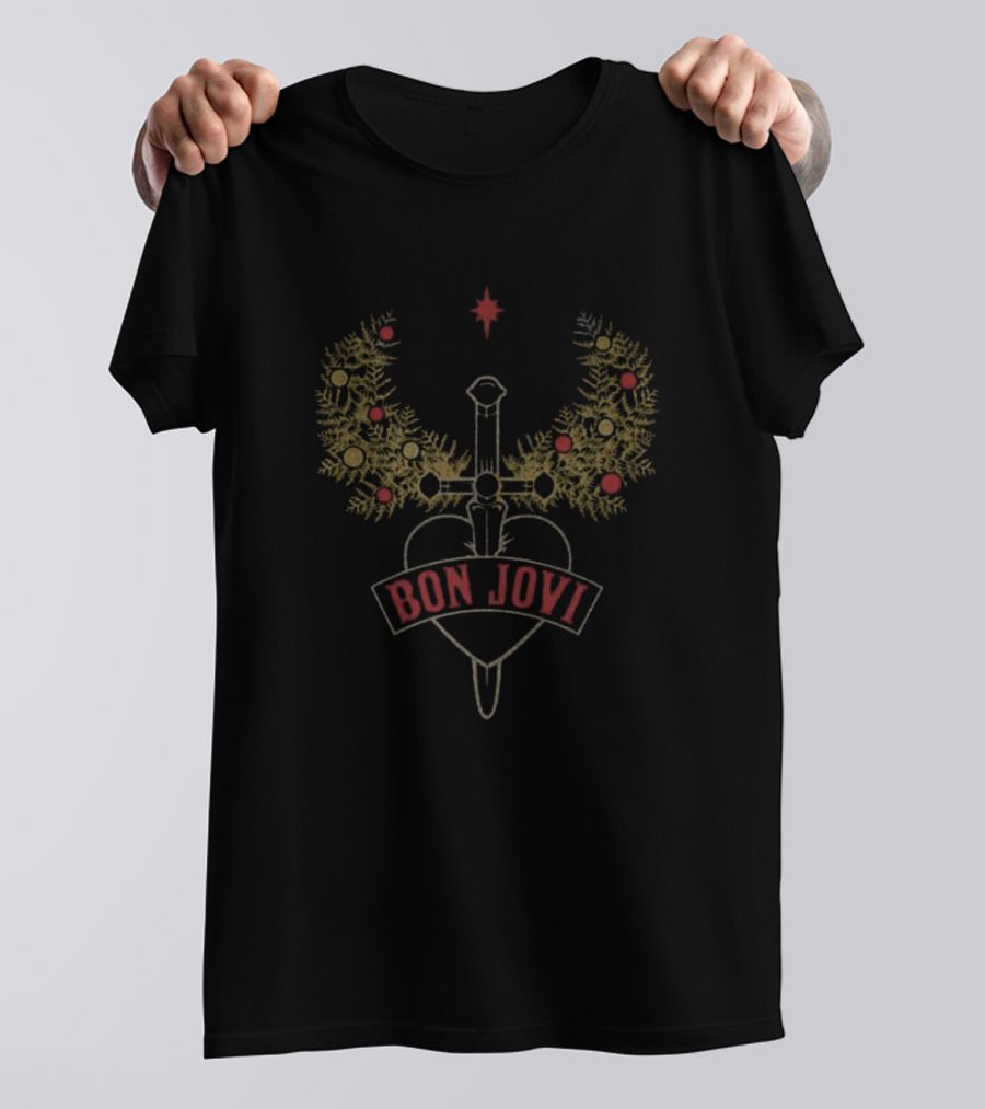 Bon Jovi Heart And Dagger Holiday Wreath With Red Star And Foliage T-Shirt