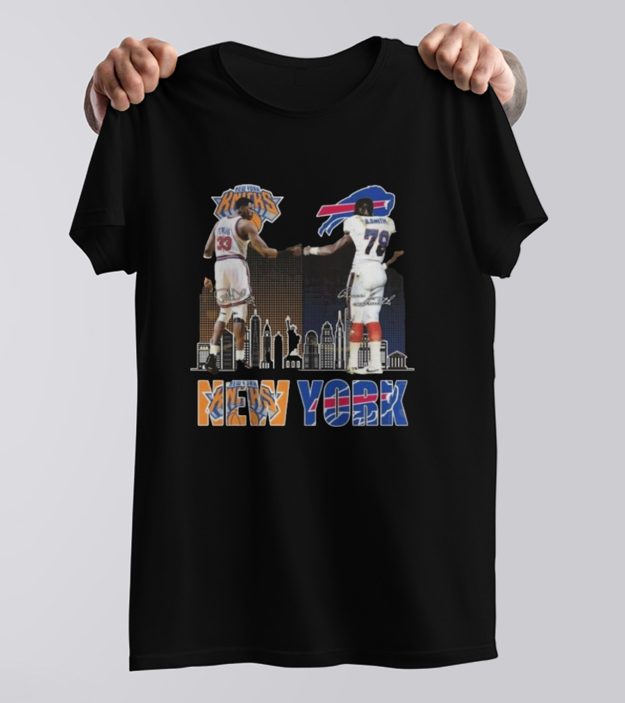 New York Knicks Buffalo Bills Cityscape Collaboration With Ewing And Smith Signatures T-Shirt