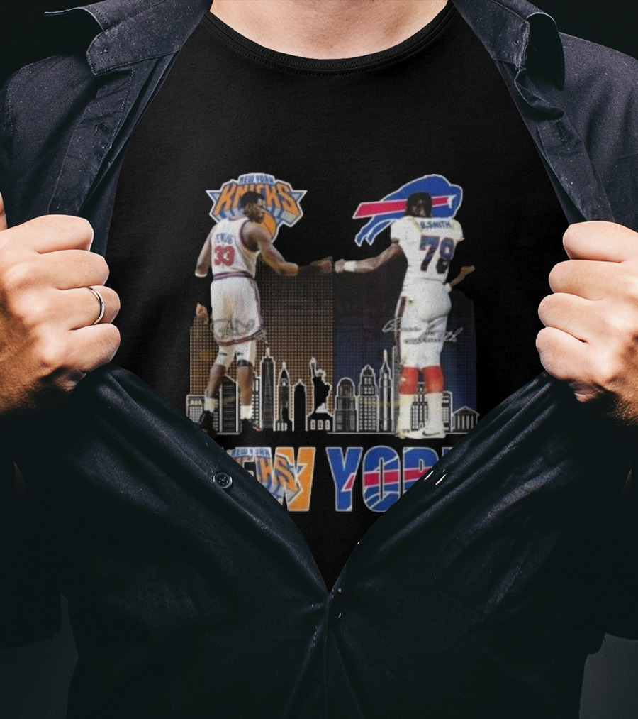New York Knicks Buffalo Bills Cityscape Collaboration With Ewing And Smith Signatures T-Shirt