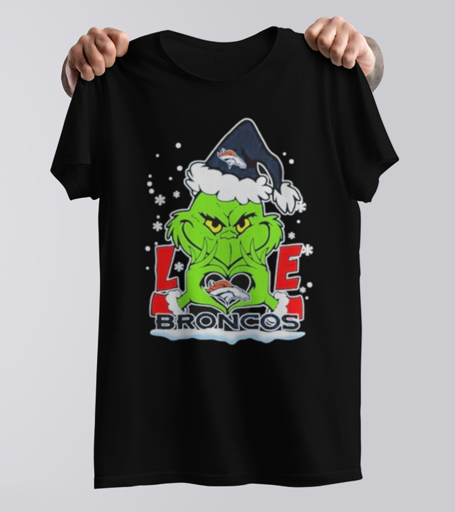 The Grinch Love Denver Broncos Christmas Football T-Shirt