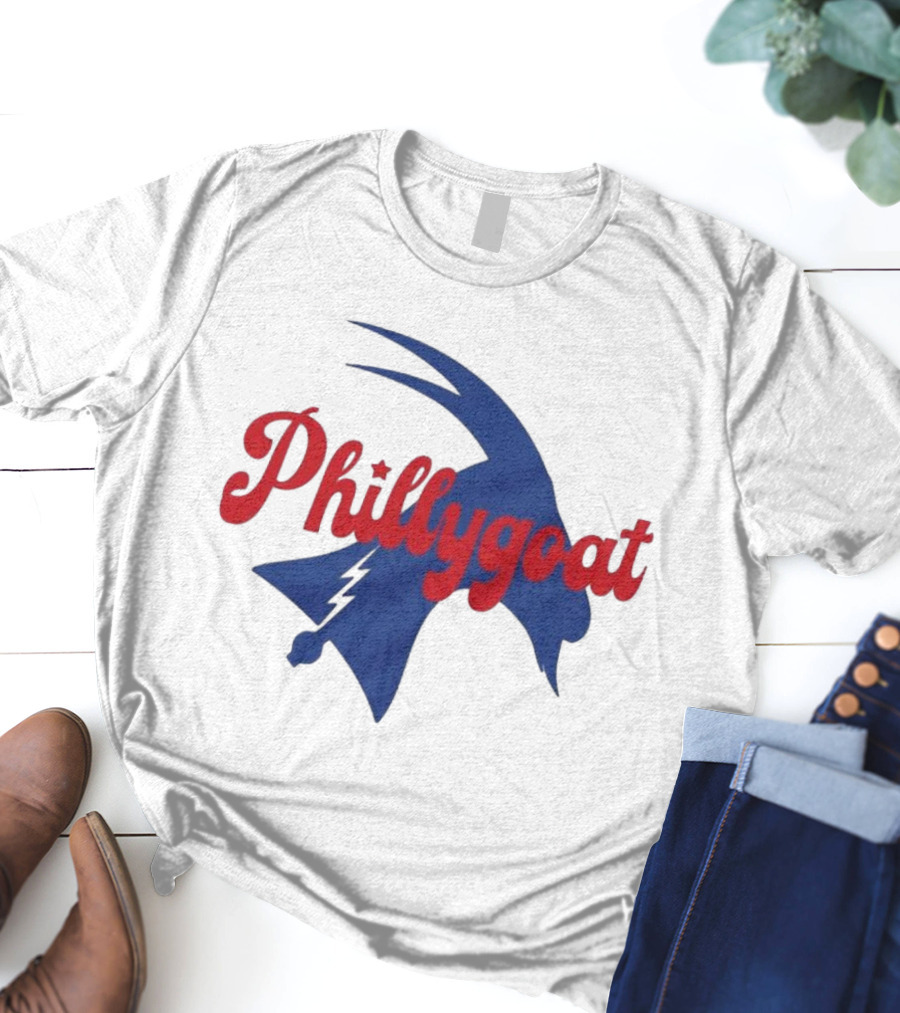 Phillygoat Red Script With Blue Goat And Lightning Bolt Elements T-Shirt
