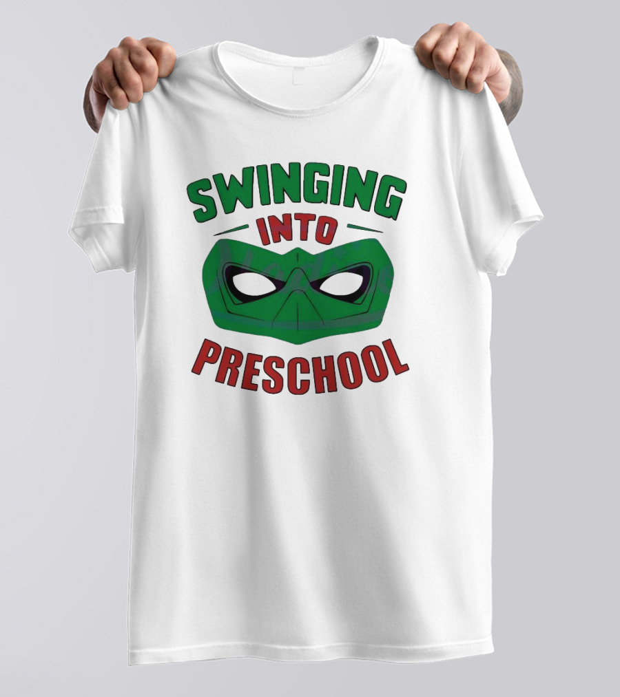 Swinging Into Preschool Green Superhero Mask T-Shirt