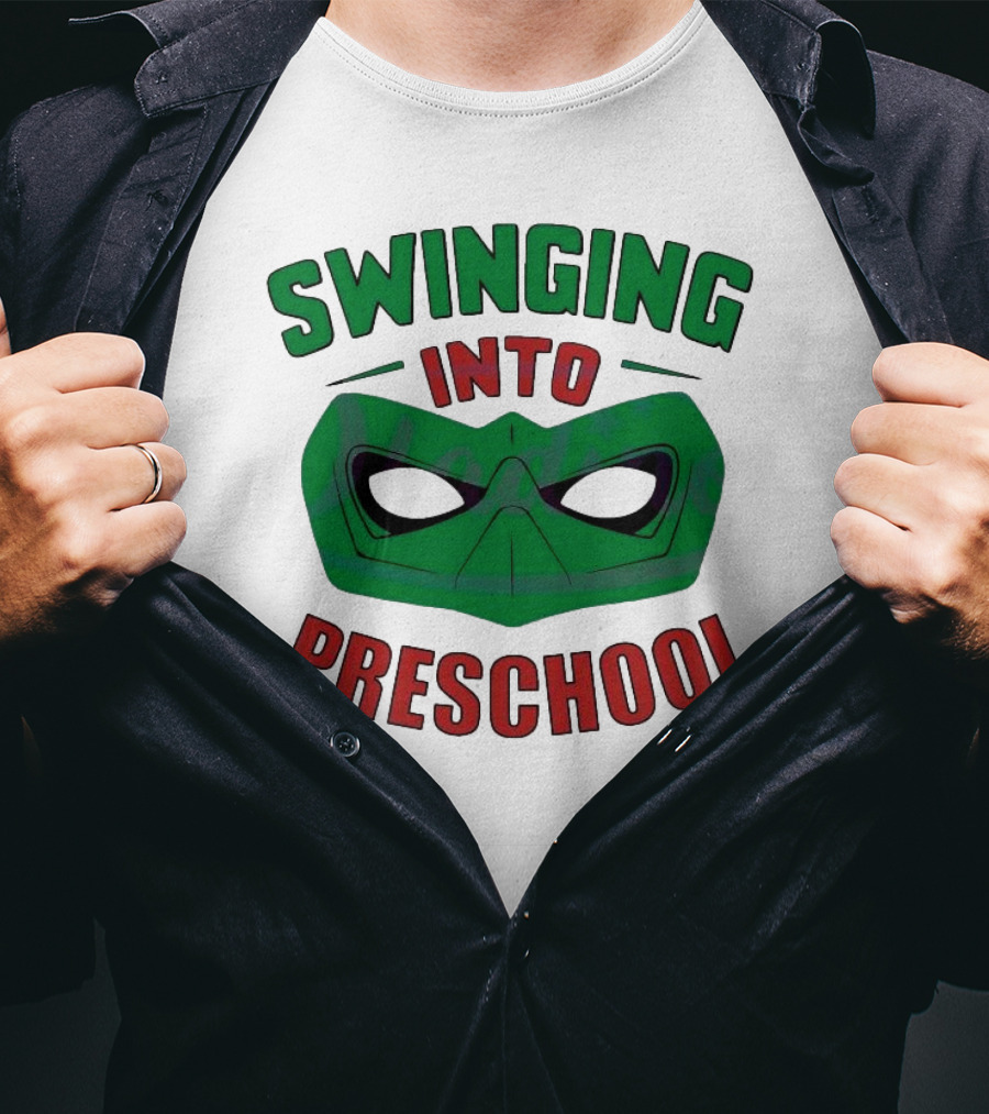 Swinging Into Preschool Green Superhero Mask T-Shirt