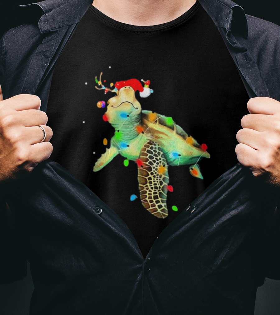 Sea Turtle Christmas Lights Santa Hat Merry Christmas T-Shirt