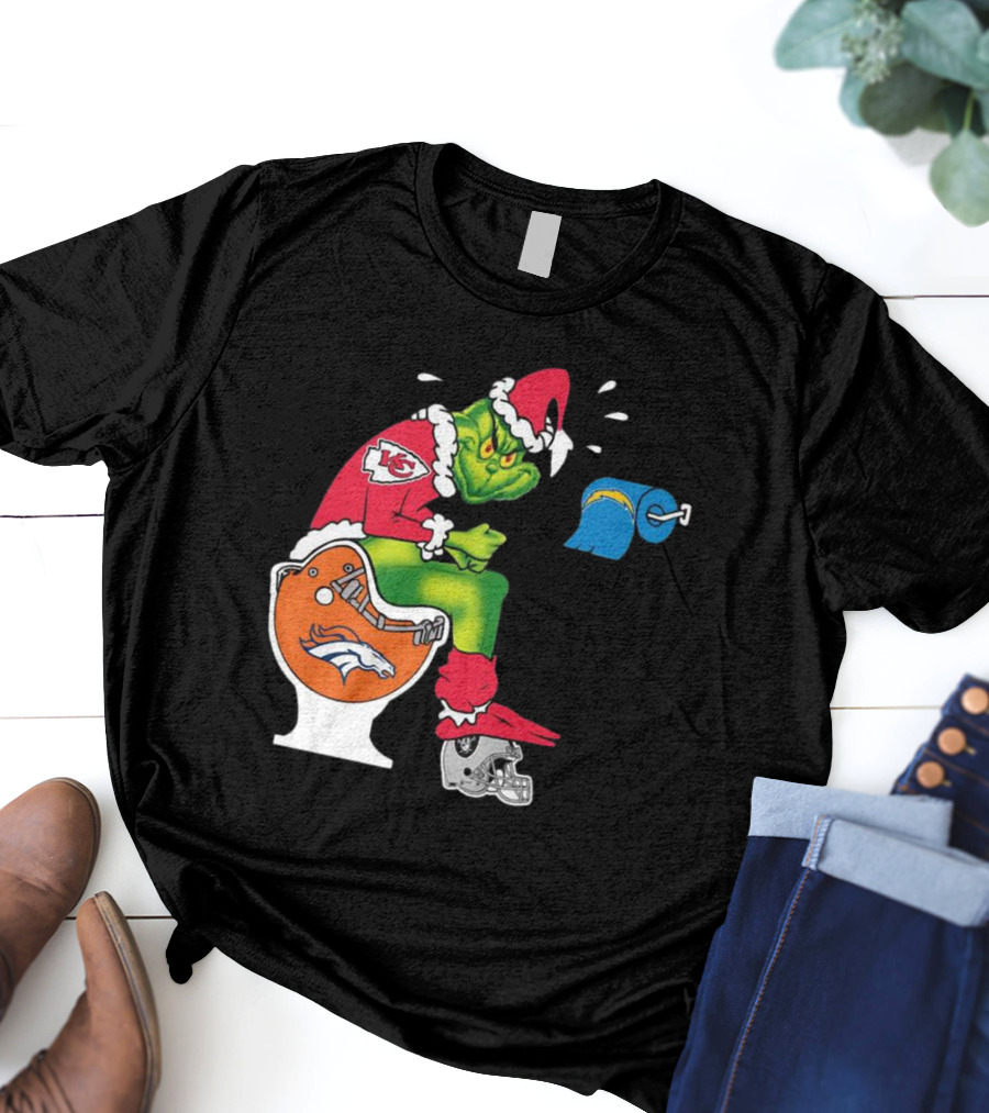The Grinch On Toilet Kansas City Chiefs, Denver Broncos, Oakland Raiders, Chargers Christmas T-Shirt