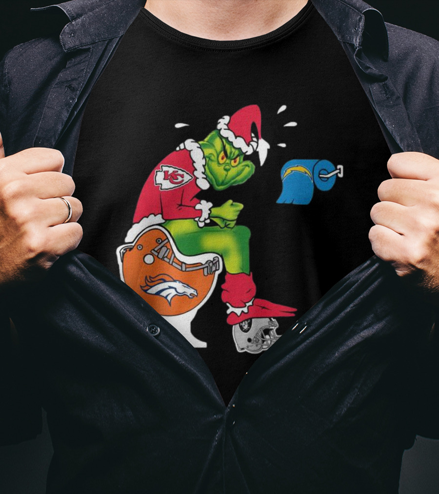 The Grinch On Toilet Kansas City Chiefs, Denver Broncos, Oakland Raiders, Chargers Christmas T-Shirt