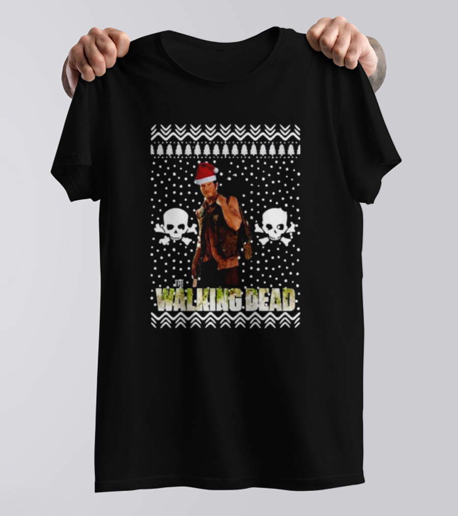The Walking Dead Daryl Dixon Santa Hat Ugly Christmas Skulls T-Shirt