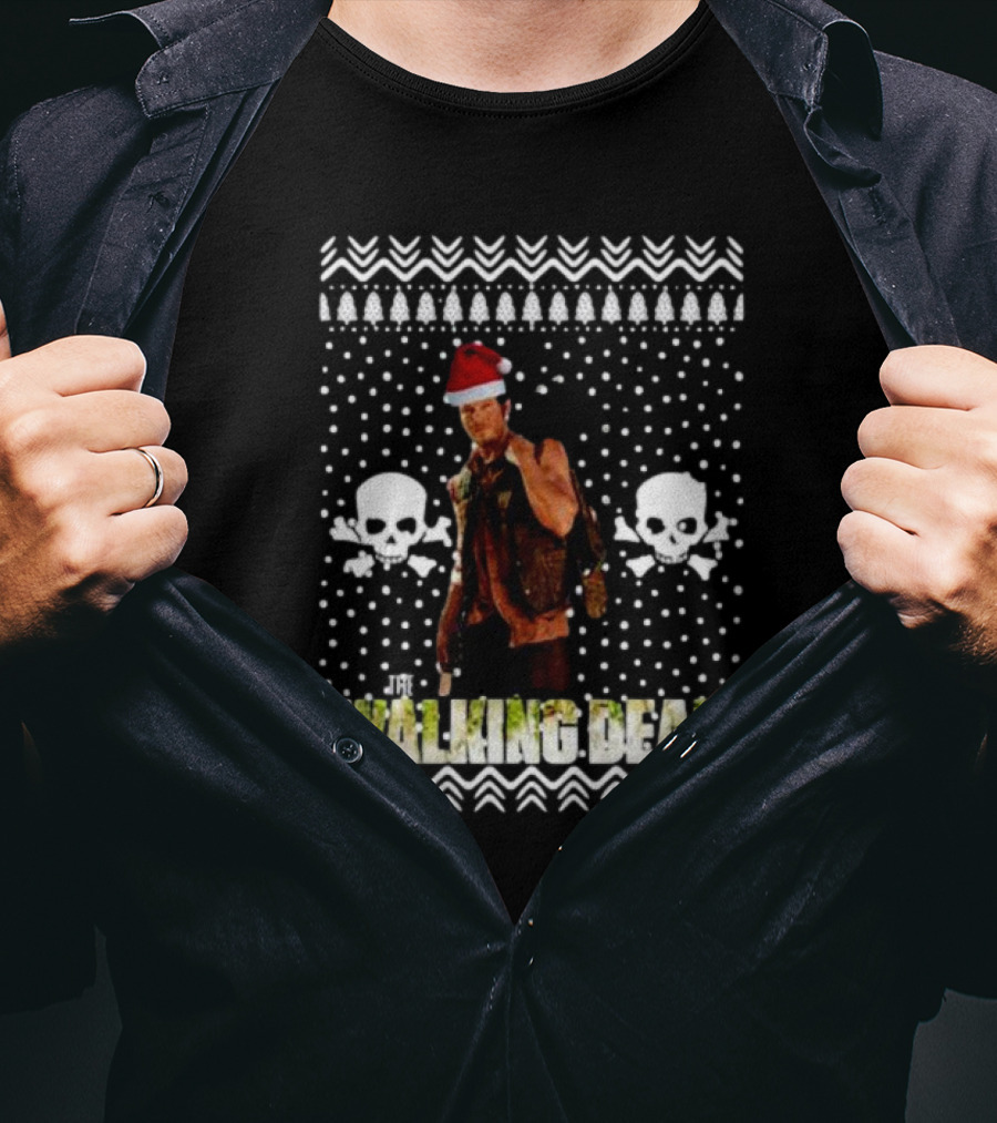 The Walking Dead Daryl Dixon Santa Hat Ugly Christmas Skulls T-Shirt