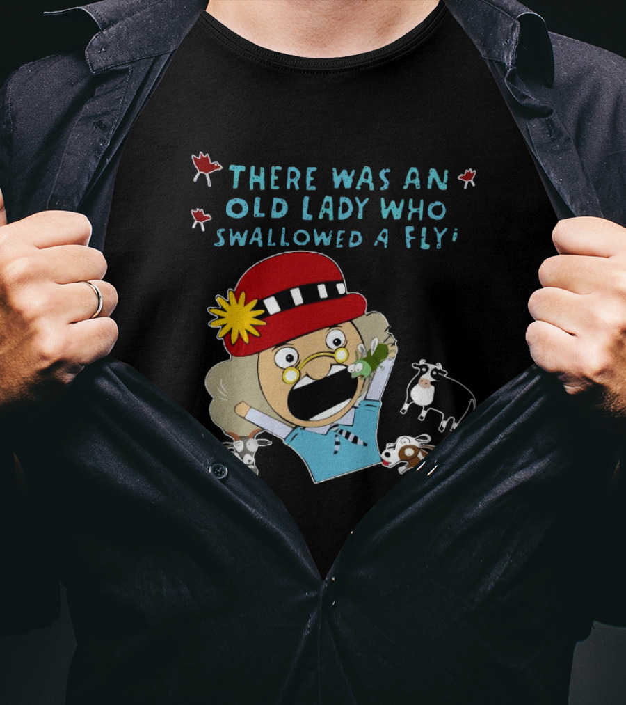 There Was An Old Lady Who Swallowed A Fly Black Funny Cartoon With Animals T-Shirt