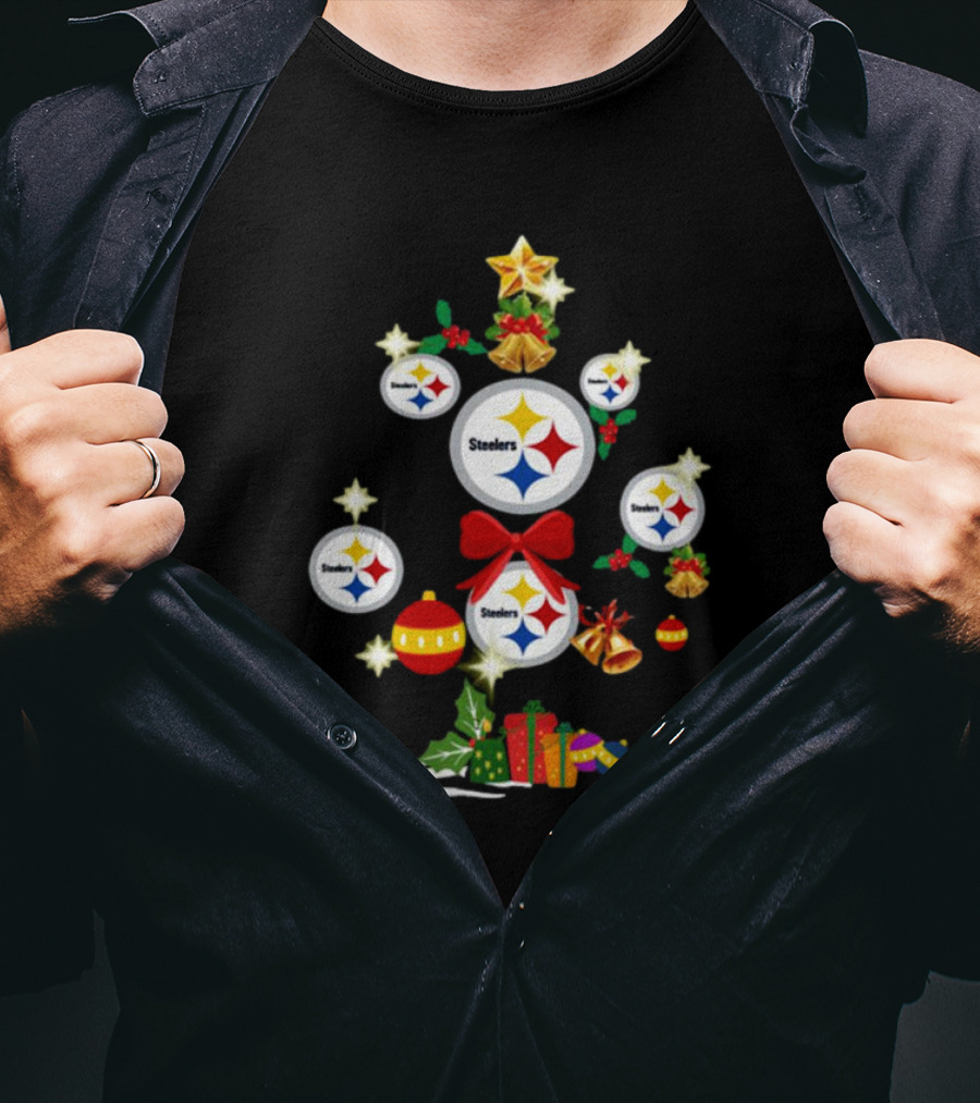 Pittsburgh Steelers Christmas Tree Ornaments With Presents And Stars T-Shirt