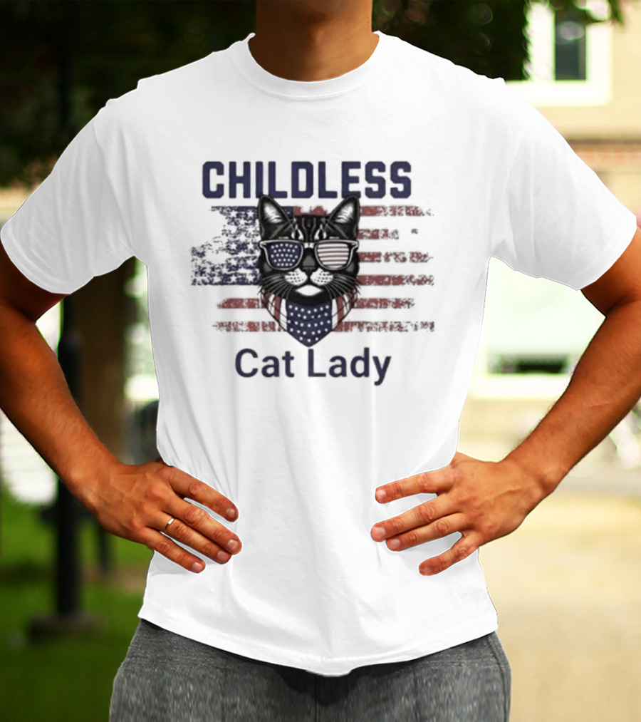Childless Cat Lady Patriotic American Flag Cat With Sunglasses T-Shirt