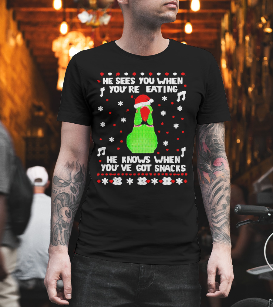 Parrot Ugly Christmas He Sees You When You’re Eating He Knows When You’ve Got Snacks T-Shirt