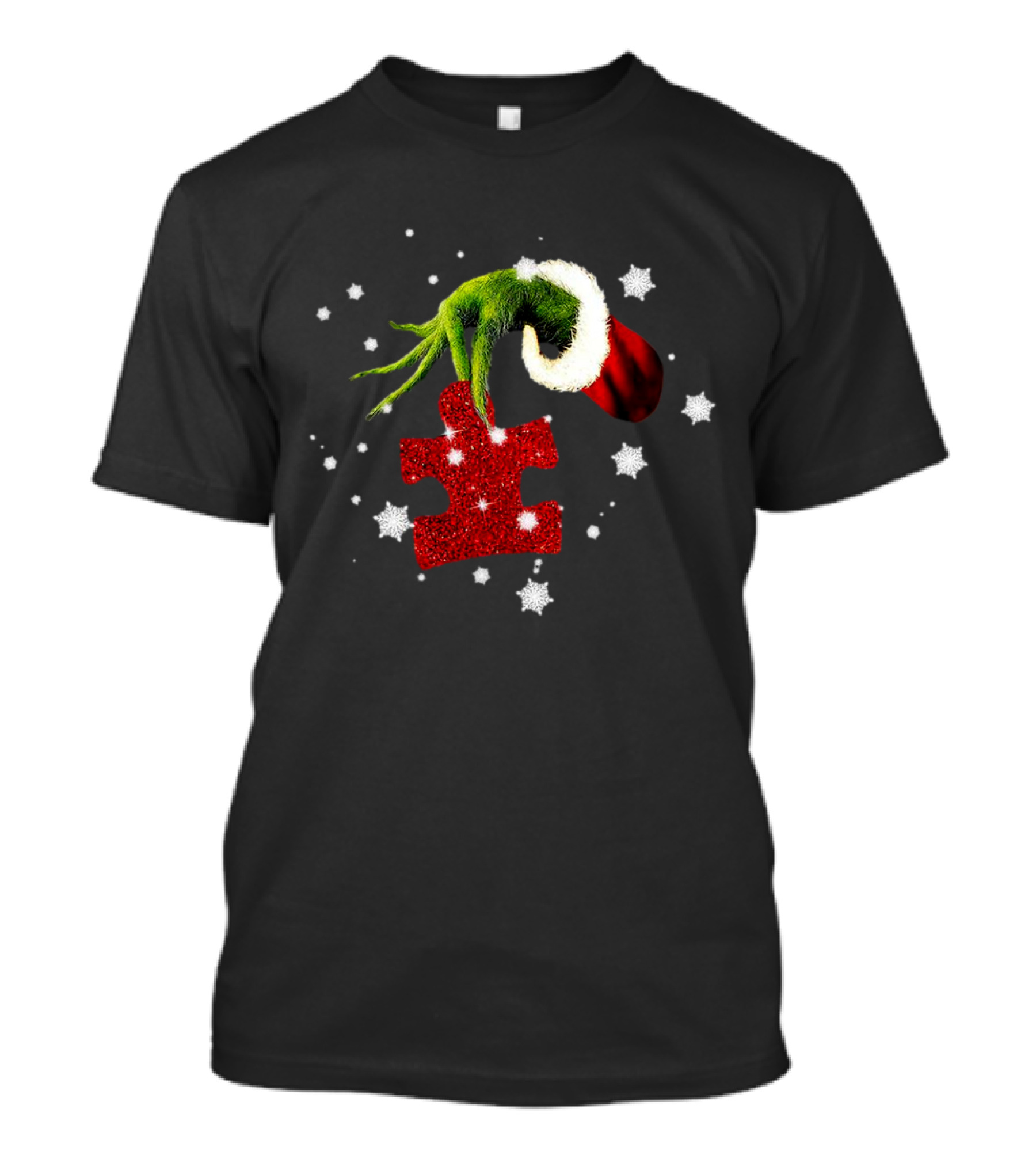 Grinch Hand Holding Red Glitter Puzzle Piece Autism Christmas Snowflakes T-Shirt