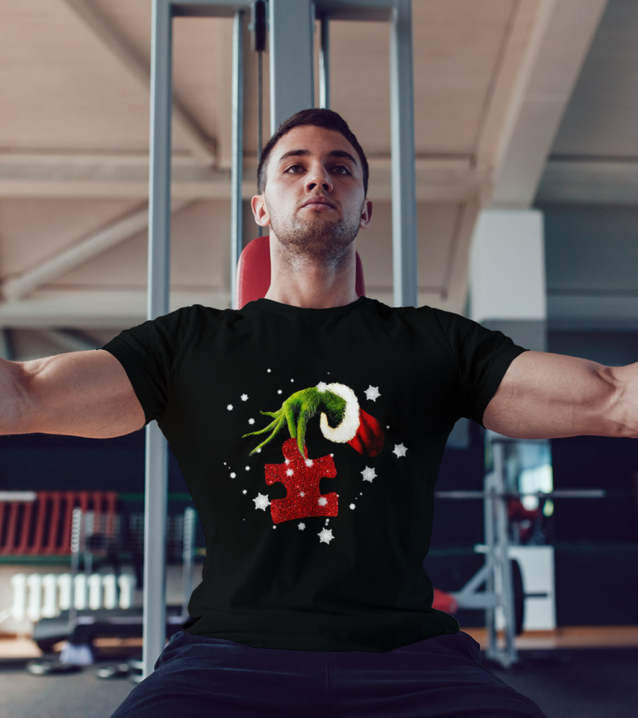 Grinch Hand Holding Red Glitter Puzzle Piece Autism Christmas Snowflakes T-Shirt