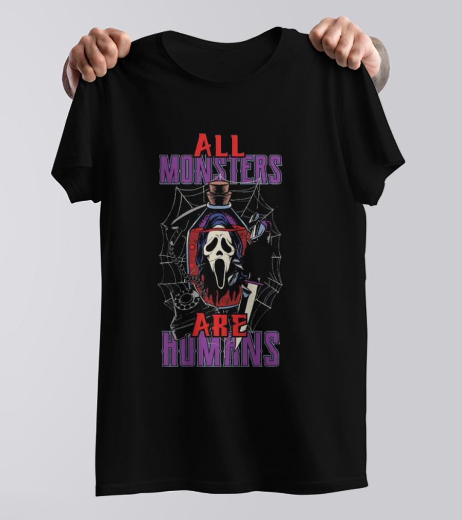 All Monsters Are Human Ghostface Spider Web And Knife T-Shirt